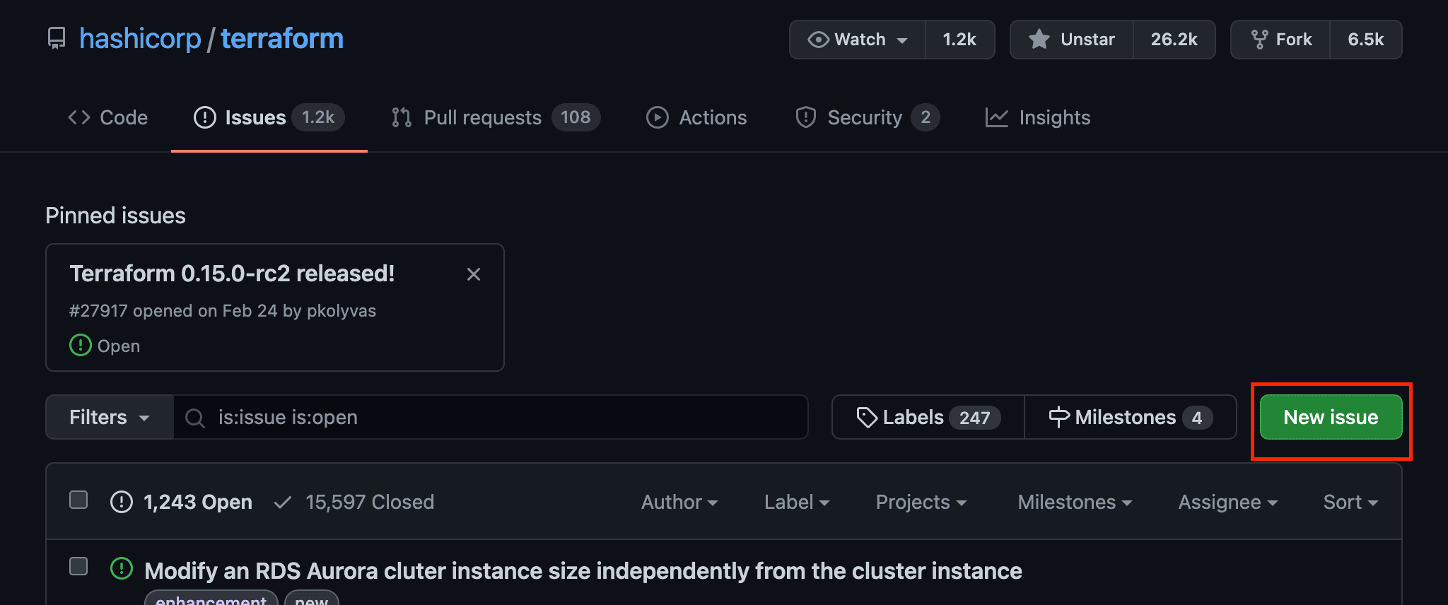 Terraform GitHub repository new issue